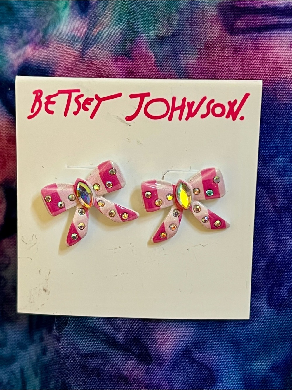 Betsey Johnson Pink Striped Bow Earrings with Aurora Crystals Kawaii Barbiecore